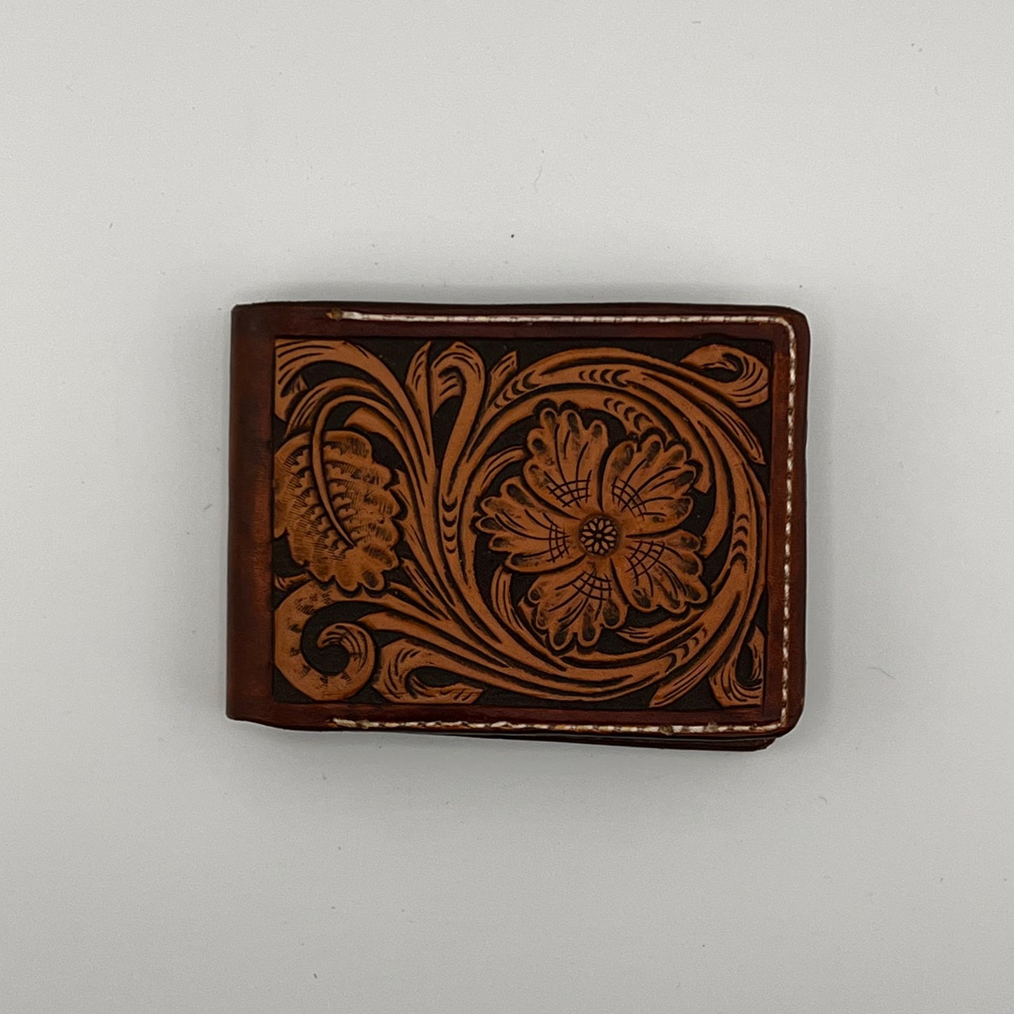 Bifold Wallet - Floral tooled Two Tone Brown